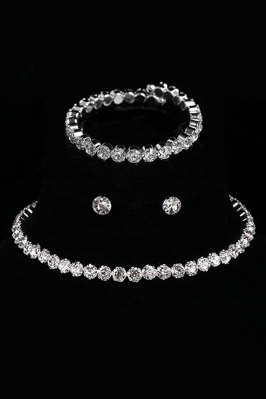 Shiny Rhinestone Necklace Bracelet Earrings Three-piece-silver