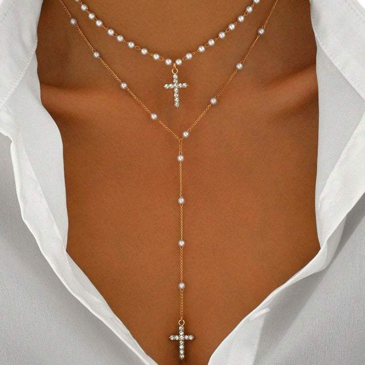 Pearl Cross Y Necklace