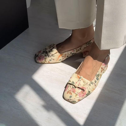 Square-toe Floral-print Low-heel Shoes